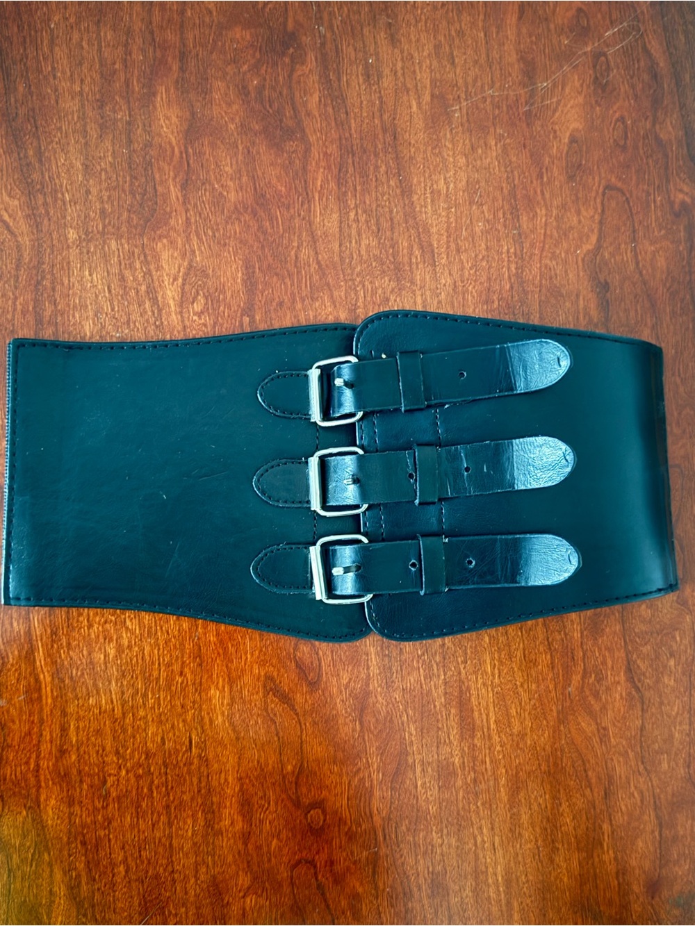 Corset Style Triple Buckle Wide Belt Elastic Waist Band Faux Leather One Size